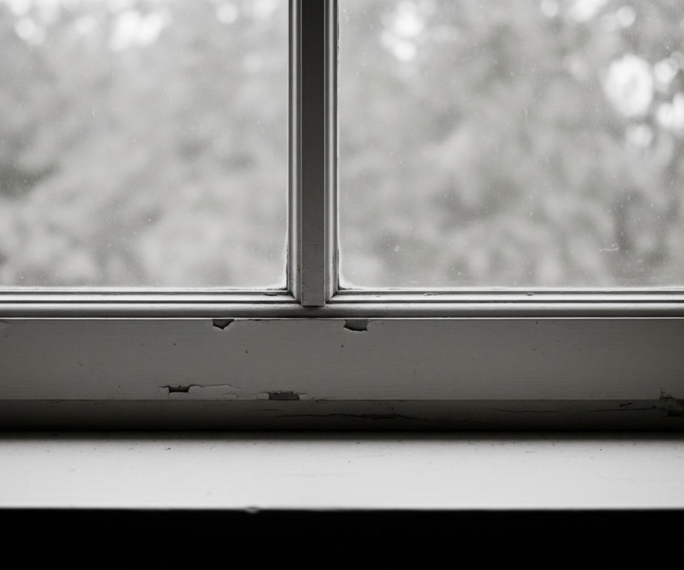 Okno z wyraźnie widocznym białym parapetem i ramą. Szyba jest podzielona na dwa równe prostokąty przez pionowy słupek oraz częściowo przez górną i dolną poziomą listwę ramy, wszystko utrzymane w odcieniach szarości i bieli. Przez szkło widać rozmazany, nieostry krajobraz z elementami zieleni i jasnymi punktami, które mogą być światłem lub jaśniejszymi liśćmi, utrzymany w szarych tonach. Dolna część ramy okiennej oraz parapet wykazują oznaki zniszczenia, z licznymi odpryskami farby i pęknięciami.