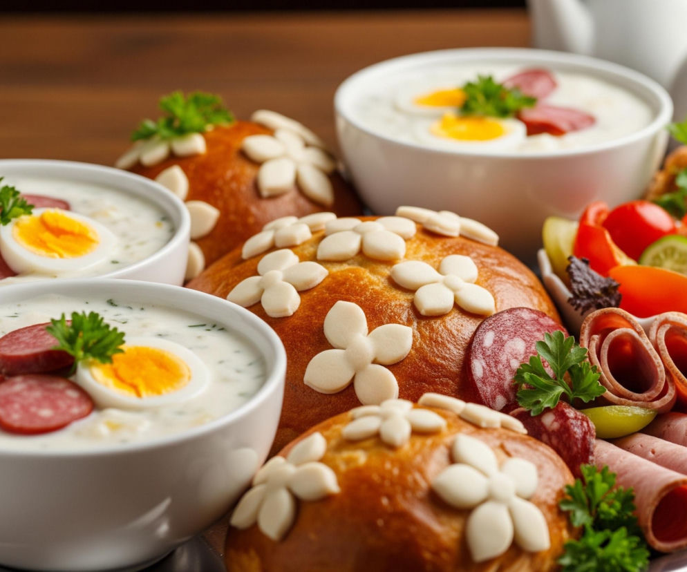 Na drewnianym stole znajduje się taca z różnorodnymi potrawami. Cztery białe miski wypełnione są białą zupą z widocznymi kawałkami kiełbasy i połówką jajka ugotowanego na twardo, udekorowane zieloną natką pietruszki. Pomiędzy miskami leżą duże, złociste bułki ozdobione białymi, płaskimi kwiatkami. Na tacy widoczna jest również duża porcja pokrojonych w plastry wędlin o różowych i czerwonych odcieniach, a także mała miseczka z pokrojonymi warzywami, w tym czerwonymi pomidorami i zielonymi ogórkami. W tle stoją dwa białe, ceramiczne naczynia o obłych kształtach.