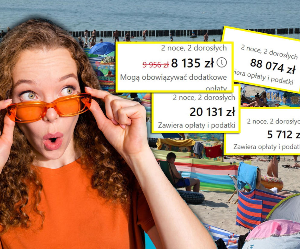 Zaskoczona kobieta w pomarańczowych okularach na tle plaży z parawanami i wakacyjnymi ofertami cenowymi, ukazującymi astronomiczne koszty noclegów nad morzem, co potwierdza artykuł na naszym portalu o szalonych cenach za weekend nad Bałtykiem.