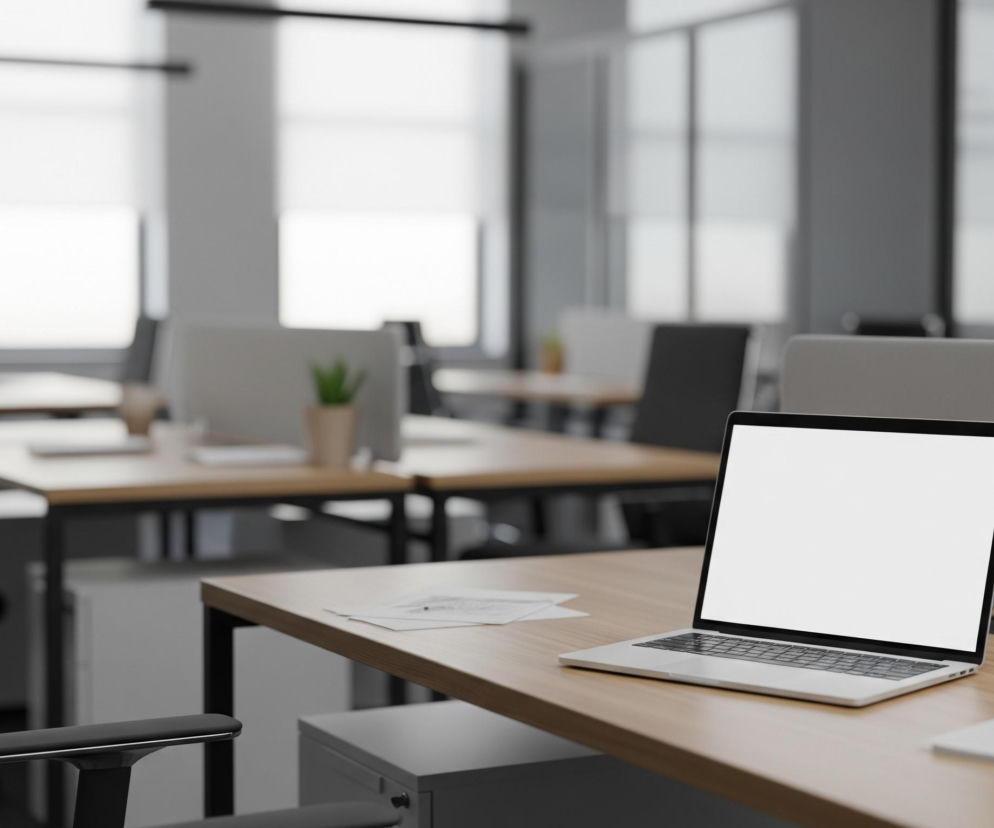 Na pierwszym planie, z prawej strony, znajduje się srebrny laptop z otwartym, białym ekranem, umieszczony na drewnianym blacie biurka. Obok laptopa leżą złożone dokumenty, a w tle widać rząd podobnych biurek, krzeseł i szarych przegród, tworzących przestrzeń biurową typu open-space. W oddali, za oknami z białymi roletami, rozciąga się jasne, rozmyte tło, sugerujące światło dzienne. Dominują kolory szare, białe, czarne i jasnobrązowe, tworząc minimalistyczną estetykę.