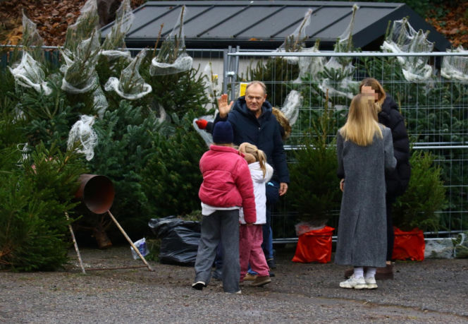 Donald Tusk z zięciem dźwigają gigantyczną choinkę. A za nimi drepcze Kasia z drugą. Wnusie premiera jak księżniczki