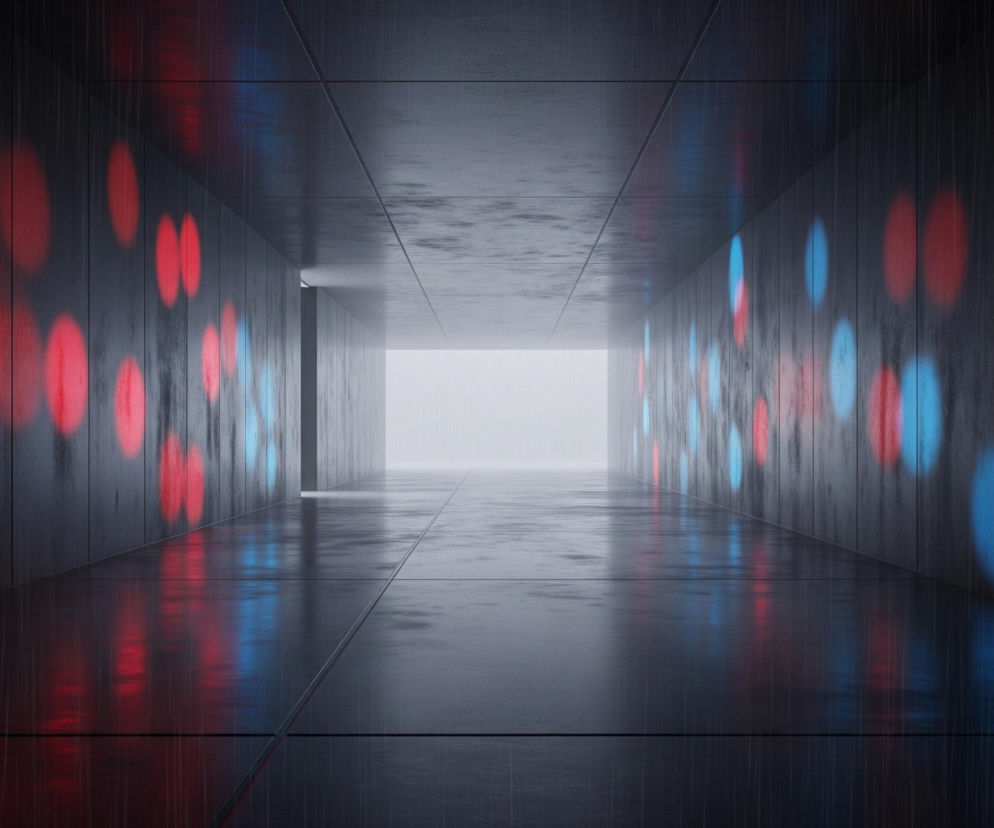 Długi, prostokątny korytarz z ciemnymi, błyszczącymi ścianami i podłogą rozciąga się w głąb obrazu, zwężając się w kierunku jasnego, białego punktu na końcu. Na obu ścianach korytarza widoczne są rozmyte, koliste plamy światła w kolorach czerwonym i niebieskim, odbijające się częściowo na mokrej posadzce. Sufit korytarza jest ciemny i gładki, z delikatnymi jaśniejszymi smugami, natomiast podłoga składa się z dużych, prostokątnych paneli, również z widocznymi refleksami światła. Całość tworzy futurystyczną i nieco tajemniczą atmosferę.