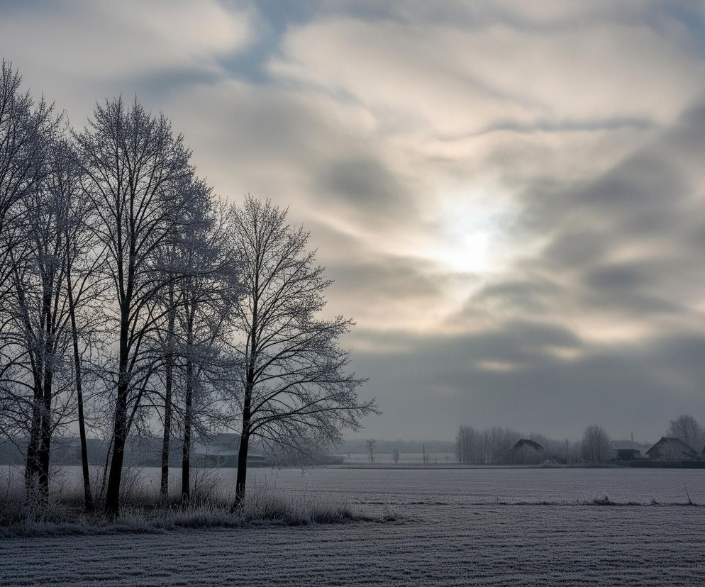 Rząd siedmiu nagich drzew pokrytych szronem rozciąga się po lewej stronie kadru, z ich cienkimi gałęziami widocznymi na tle nieba. Jasne słońce przebija się przez gęste, szare chmury, rzucając promieniste smugi światła na środku nieba. U dołu rozciąga się rozległe, puste pole, również pokryte szronem, tworzącym równomierną, szarą teksturę. W oddali, na horyzoncie, widoczne są zarysy kilku zabudowań i więcej drzew, również oprószonych szronem, zlewających się z mglistym, zimowym krajobrazem.