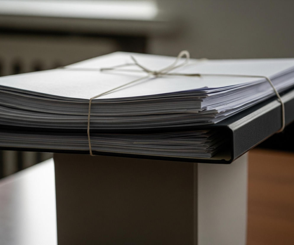 Na pierwszym planie znajduje się sterta dokumentów, ułożona na ciemnoszarym segregatorze, który z kolei leży na jasnym, prostopadłościennym obiekcie. Całość jest przewiązana jasnym sznurkiem tworzącym węzeł na środku górnego stosu papieru. W tle widać ciemny grzejnik pod oknem, a po prawej części kadru rozmyte, brązowe tło.
