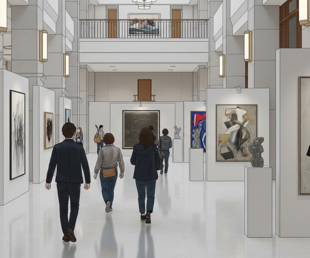 Wnętrze przestronnej galerii sztuki przedstawia kilku zwiedzających oglądających obrazy i rzeźby. Na pierwszym planie, po prawej stronie, widać duży, oprawiony obraz z abstrakcyjnym motywem czarnych i beżowych prostokątów z ukośnymi liniami. Po lewej stronie pierwszego planu, tyłem do widza, idzie mężczyzna w ciemnym garniturze, a za nim kobieta w jasnej bluzce i dżinsach z beżową torbą przewieszoną przez ramię, oraz kolejna kobieta w ciemnej bluzie i dżinsach.

Głębiej w galerii widoczne są kolejne osoby oraz liczne obrazy o różnorodnej tematyce, w tym kompozycje figuratywne i abstrakcyjne, umieszczone na białych ścianach oraz na pionowych, wolnostojących panelach, z niektórymi rzeźbami na białych postumentach. Pomieszczenie charakteryzuje się nowoczesnym designem z białymi, błyszczącymi posadzkami i wysokimi, białymi ścianami, częściowo pokrytymi szarymi panelami, a także filarami i oświetleniem punktowym skierowanym na dzieła sztuki. Na wyższym piętrze widoczny jest balkon z czarną balustradą i kolejnym obrazem, a w tle znajdują się brązowe drzwi i elementy drewnianej stolarki.