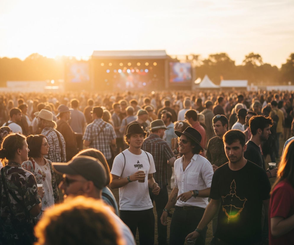 Duży tłum ludzi wypełnia rozległy, otwarty teren zewnętrzny, skupiony głównie w centrum i na pierwszym planie obrazu. W tle widać scenę z podświetlonymi ekranami i reflektorami, a nad nią zachodzi słońce, tworząc silną pomarańczową poświatę i rozświetlając sylwetki drzew. Na pierwszym planie kilku młodych dorosłych jest wyraźnie widocznych, niektórzy trzymają kubki, a wszyscy są ubrani w swobodne stroje, takie jak koszulki, koszule w kratę i kapelusze.