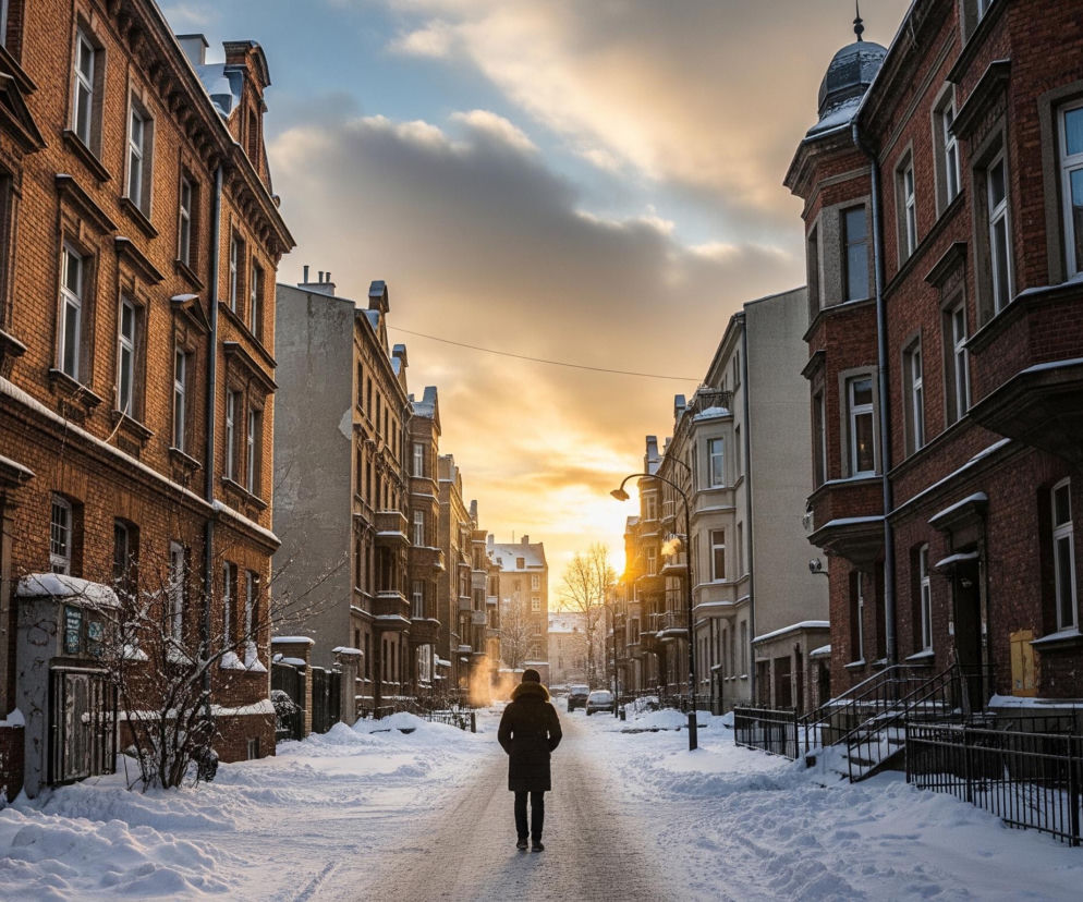 Ulica w zimowej scenerii, pokryta grubą warstwą śniegu, rozciąga się w głąb obrazu. Po obu stronach drogi, na pierwszym planie, wznoszą się stare, ceglane kamienice z licznymi oknami o białych ramach. W oddali, pośrodku kadru, widoczna jest samotna postać, ubrana w ciemny płaszcz z kapturem, zwrócona plecami do obserwatora i idąca w kierunku zachodzącego słońca. Niebo, zajmujące górną część zdjęcia, jest częściowo zasnute chmurami, ale w centrum jaśnieje intensywnym pomarańczowym blaskiem, świadczącym o zachodzie słońca.
