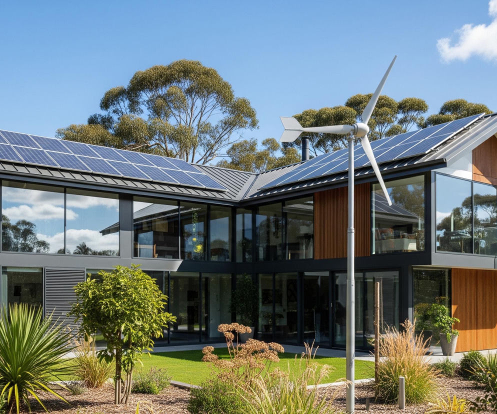 Nowoczesny budynek z panelami słonecznymi na dachu i turbiną wiatrową wznosi się w otoczeniu zieleni. Dom ma szare i drewniane elewacje, duże okna odbijające błękitne niebo z białymi chmurami, oraz przeszklone balustrady balkonów. Na pierwszym planie widać zadbany ogród z trawnikiem, różnorodnymi krzewami i żwirowymi ścieżkami, a w tle rozciąga się las z wysokimi drzewami.