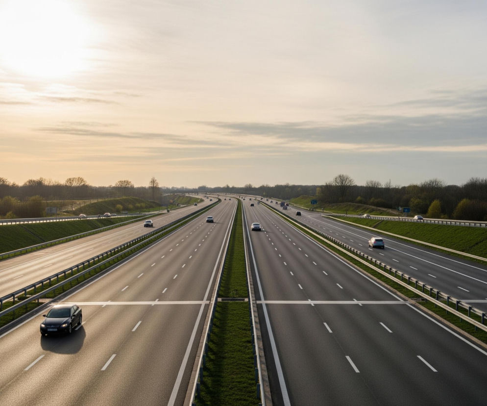 Szeroka autostrada biegnie prosto w kierunku horyzontu, dzieląc kadr na dwie jezdnie z kilkoma samochodami poruszającymi się w obu kierunkach. Słońce, znajdujące się w lewej górnej części, oświetla jezdnię i pas zieleni po lewej, tworząc długie cienie rzucane przez barierki. Nad drogą rozciąga się jasne niebo z delikatnymi, poziomymi smugami chmur, przechodzące od słonecznego blasku po lewej do chłodniejszych odcieni błękitu po prawej. Po obu stronach autostrady widoczne są wały ziemne pokryte świeżą, zieloną trawą oraz gęste pasy drzew i krzewów o ciemnych koronach.