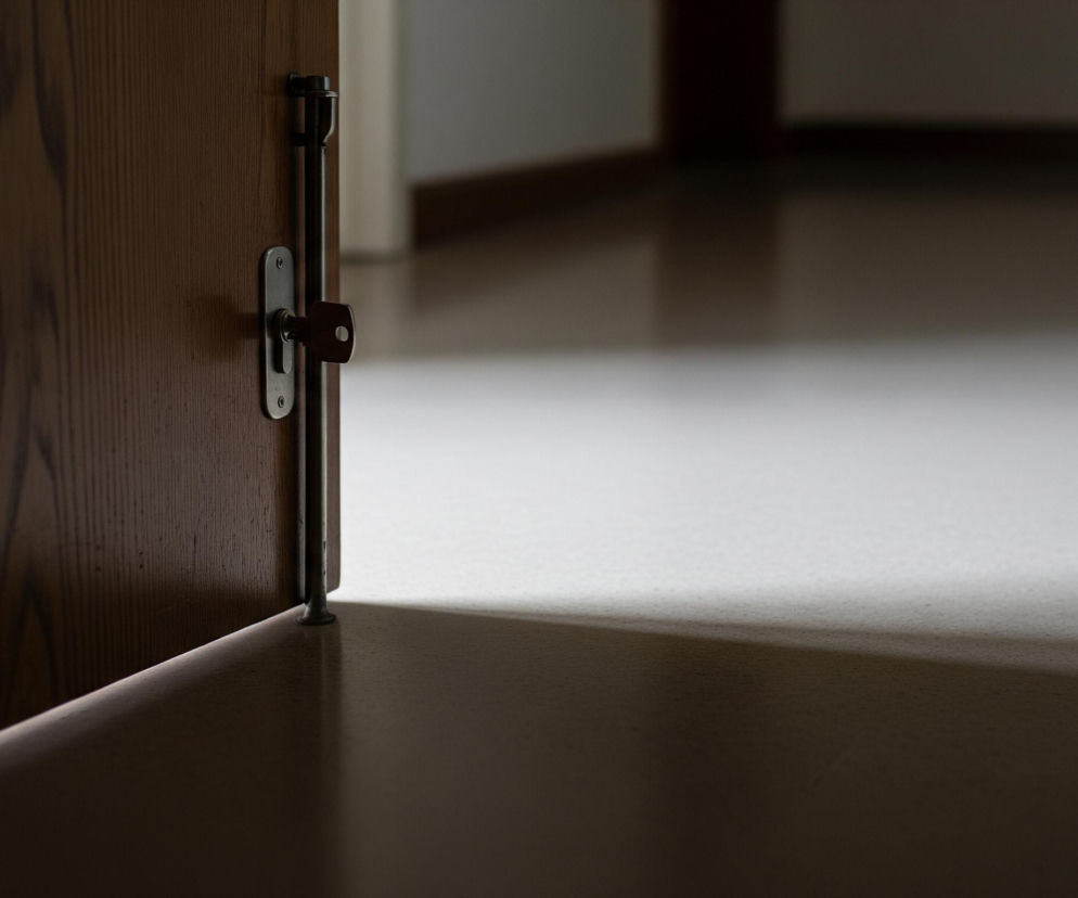 Drewniane drzwi, częściowo otwarte, wypełniają lewą stronę kadru. Na ich powierzchni widoczne są pionowe słoje drewna w ciemnobrązowym kolorze. Na krawędzi drzwi, na wysokości klamki, zainstalowana jest metalowa, czarna zasuwa z okrągłym ryglem, a poniżej niej znajduje się klucz w zamku. Zza uchylonych drzwi widać jasne, puste pomieszczenie z podłogą w kolorze kości słoniowej, rozjaśnionej naturalnym światłem; na podłodze wyraźnie rysuje się cień od drzwi.