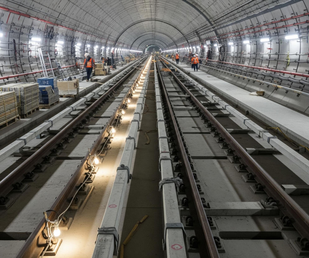 Długi, betonowy tunel metra o parabolicznym kształcie sklepienia rozciąga się w głąb obrazu, a jego ściany są pokryte rzędami rur, kabli i opraw oświetleniowych. Na pierwszym planie i w centrum znajdują się dwa równoległe tory kolejowe z metalowymi szynami spoczywającymi na betonowych podkładach. Między torami i po ich bokach biegną betonowe chodniki, na których widoczne są materiały budowlane ułożone na paletach. W oddali kilku pracowników w pomarańczowych kamizelkach odblaskowych i białych kaskach porusza się wzdłuż tunelu, a wzdłuż torów i na ścianach rozmieszczone są liczne tymczasowe źródła światła, tworząc ciepłe, punktowe oświetlenie w ciemnym wnętrzu.