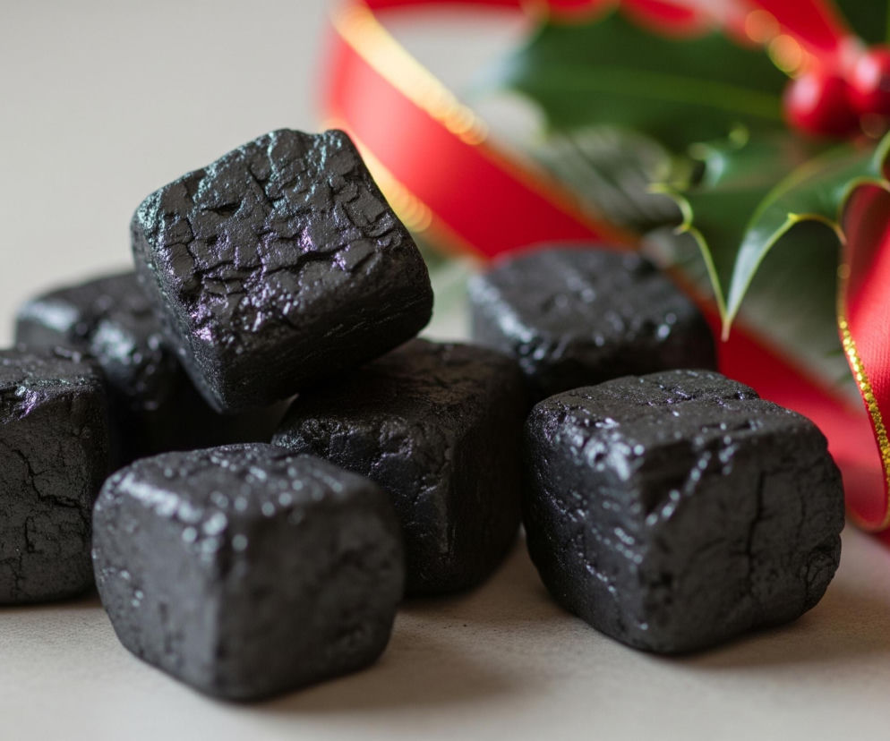 Na pierwszym planie, po lewej stronie, leży stos około ośmiu ciemnoszarych, kanciastych bryłek węgla o nieregularnych, matowych powierzchniach, z widocznymi drobnymi pęknięciami i nierównościami, niektóre z nich odbijają światło. Bryłki są rozłożone na jasnej, beżowej lub jasnoszarej powierzchni. W tle, po prawej stronie, widać rozmyte elementy dekoracji świątecznej: czerwoną wstążkę ze złotymi krawędziami, ułożoną w kokardę, oraz zielone liście ostrokrzewu z czerwonymi jagodami i gałązkami igliwia.