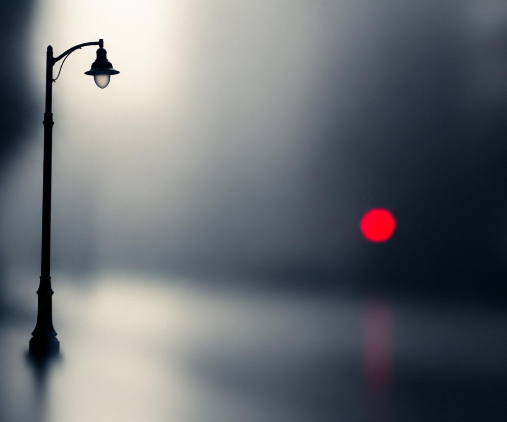 Po lewej stronie kadru znajduje się ciemny, stylizowany słup latarni ulicznej z lekko zakrzywionym ramieniem, na którym wisi pojedyncza lampa emitująca białe światło. Dolna część słupa posiada zdobienia i odbija się na jasnej, rozmytej powierzchni poniżej. Tło jest zamglone, z gradientem od jasnej szarości za latarnią do ciemnego granatu po prawej stronie. W prawym środku obrazu widoczny jest rozmyty, jasnoczerwony okrąg, którego delikatne odbicie widać również na dole.