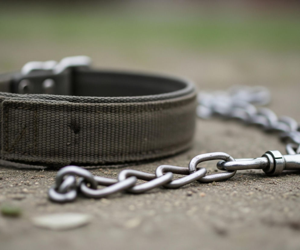 Na pierwszym planie leży oliwkowa obroża z materiału, zapinana na metalową sprzączkę. Do niej przymocowany jest metalowy łańcuch z ogniwami o podłużnym kształcie, zakończony karabińczykiem. Obiekty znajdują się na ziemi o szaro-brązowej barwie, z widocznymi drobinkami piasku i kamykami. W tle, częściowo rozmyte, widoczne są zielone, niewyraźne kształty roślinności.