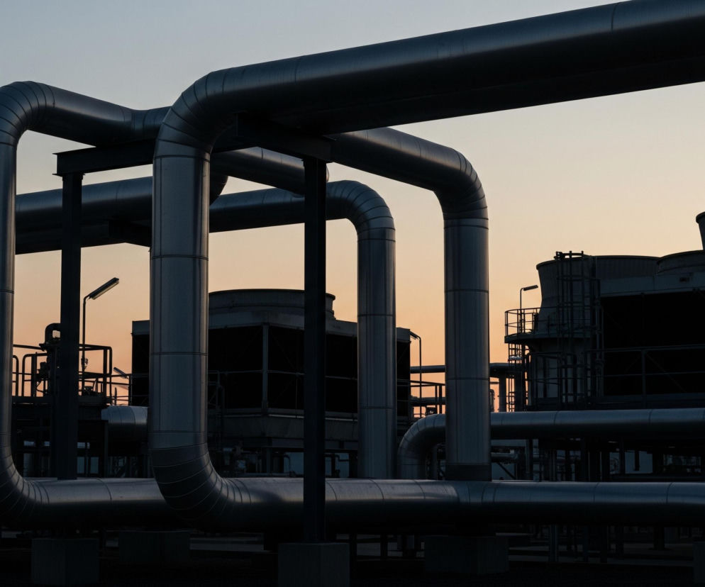 Duże, industrialne rury w odcieniach szarości i czerni dominują na pierwszym planie, tworząc skomplikowaną sieć pionowych i poziomych elementów. W tle, na tle rozmytego, pomarańczowo-niebieskiego nieba o zmierzchu, widać ciemne sylwetki budynków fabrycznych z chłodniami kominowymi oraz konstrukcjami kratownicowymi. Cały kadr jest utrzymany w ciemnej tonacji, podkreślającej industrialny charakter sceny i atmosferę późnego popołudnia lub wczesnego wieczoru.