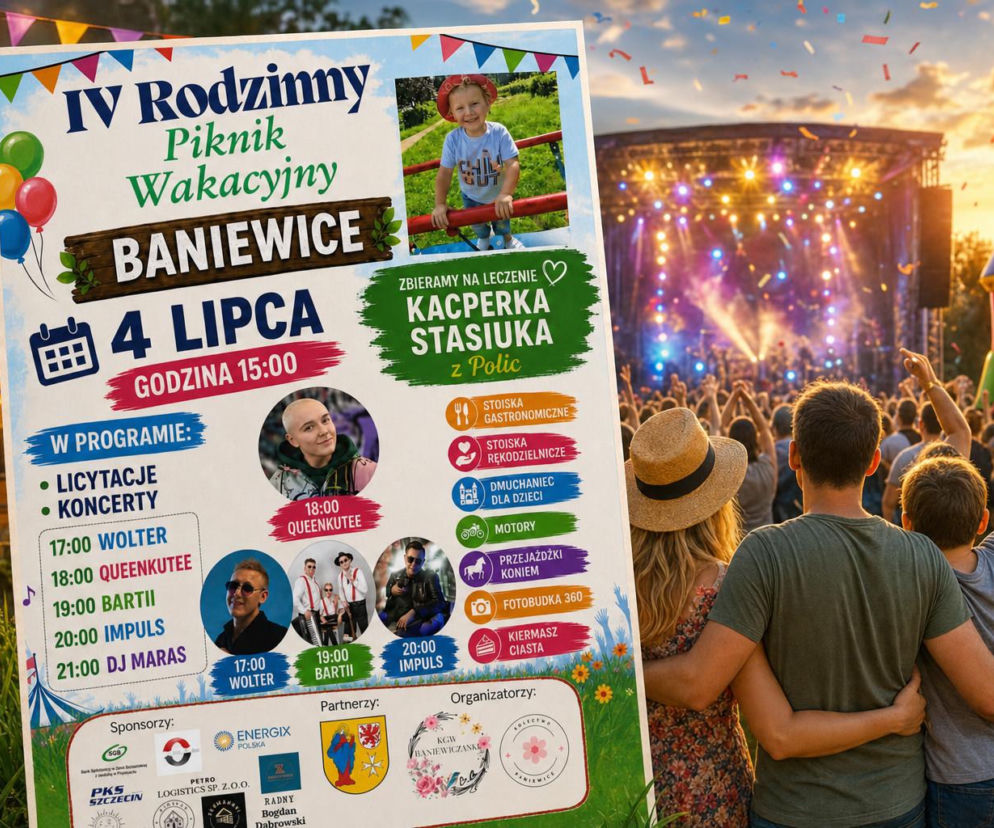 Tłum ludzi na koncercie. Obok plakat pikniku w Baniewicach i zdjęcie Kacperka. O akcji charytatywnej przeczytasz w VOX FM.