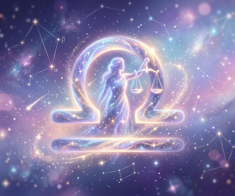 Świecący symbol zodiakalnej Wagi na tle gwieździstego nieba. O horoskopie dla Wagi przeczytasz w serwisie Eska.