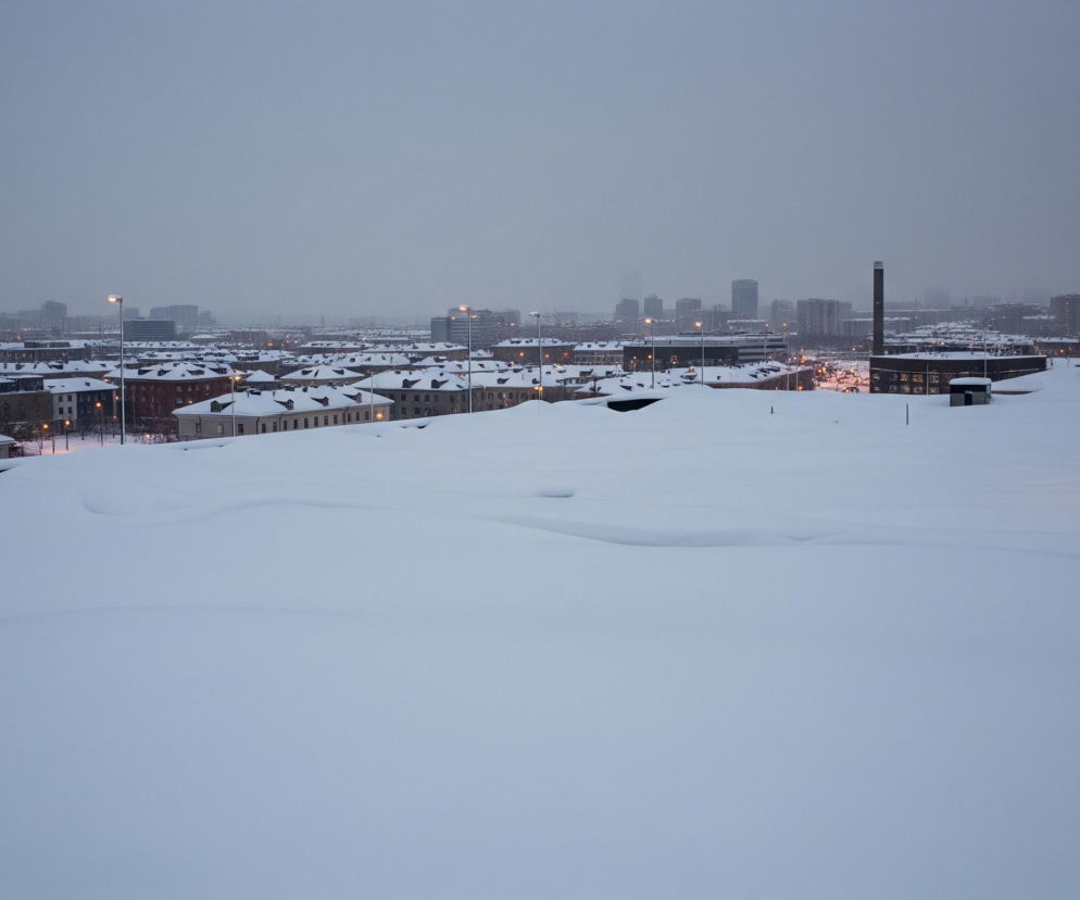 Rozległa, zasypana śniegiem przestrzeń o nierównej powierzchni dominuje dolną połowę obrazu, z delikatnymi załamaniami tworzącymi fale. Za nią, w średnim planie, widać skupisko budynków o spadzistych dachach pokrytych grubą warstwą śniegu, ich okna i uliczne latarnie emitują ciepłe, pomarańczowe światło. W tle rozciąga się miejski pejzaż z licznymi wysokimi budynkami i kominem, wszystko otulone szarym, zachmurzonym niebem, które zlewa się z horyzontem.