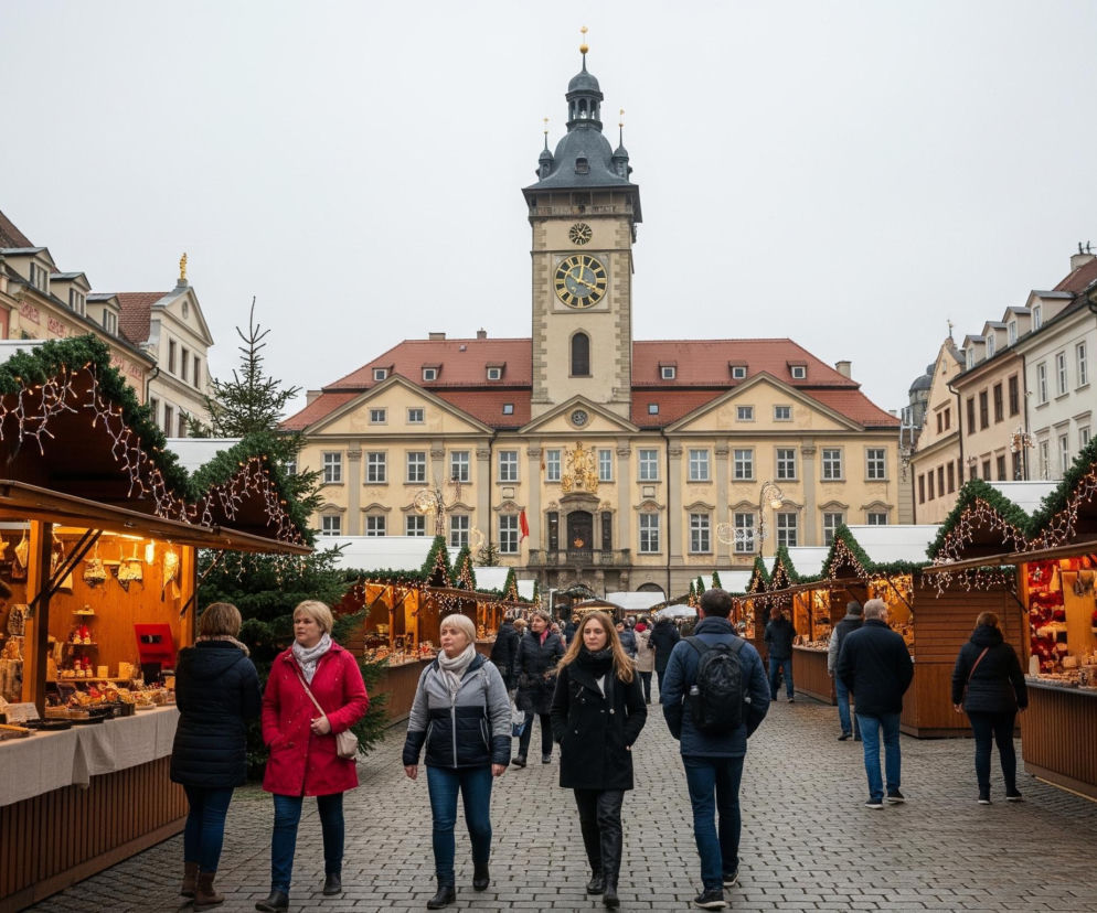 Centralnym punktem obrazu jest duży, zabytkowy budynek o jasnobeżowej fasadzie z czerwonobrunatnym dachem, dominujący w tle, z wysoką wieżą zegarową zwieńczoną kopułą z iglicą. Przed nim rozciąga się brukowany plac, na którym wzdłuż dwóch stron ustawiono drewniane stragany udekorowane girlandami zielonych gałązek i białych lampek. Pomiędzy straganami, na środku placu, stoją trzy zielone choinki. Wiele osób, w większości dorosłych, przechodzi przez plac, poruszając się w różnych kierunkach, w tym kilka osób spogląda w stronę straganów lub obsługuje je.