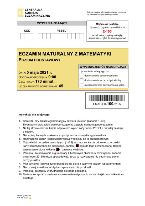 Matura 2021 matematyka. Odpowiedzi, pytania, arkusz CKE, zadania, rozwiązania