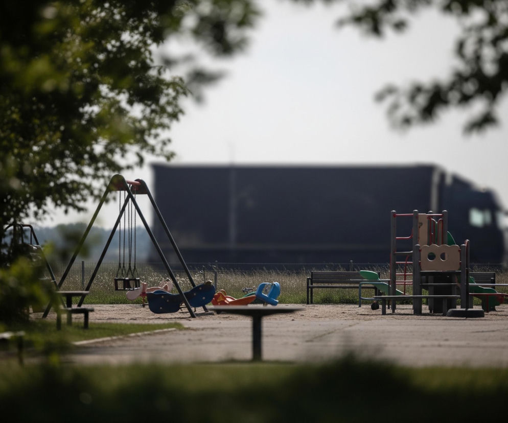 Na pierwszym planie, rozmyte zielone liście drzewa i trawa zajmują dolną i lewą część kadru, tworząc naturalną ramę. W centrum widać piaszczysty plac zabaw z kilkoma urządzeniami: po lewej stronie znajduje się zestaw huśtawek z trzema niebieskimi i różowymi siedziskami, a po prawej bardziej rozbudowana konstrukcja ze zjeżdżalnią i drabinkami w odcieniach czerwieni, zieleni i beżu. Pomiędzy nimi, na ziemi leżą kolorowe bujaki w kształcie zwierząt, oraz kilka drewnianych ławek.

W tle, za placem zabaw, rozciąga się pas suchej trawy i jasne, lekko zamglone niebo. Przez środek tła, w oddali, widać niewyraźny zarys ciemnego samochodu ciężarowego z naczepą. Po prawej stronie placu, obok urządzeń, widoczne są dwa wysokie słupy oświetleniowe oraz młode drzewko.