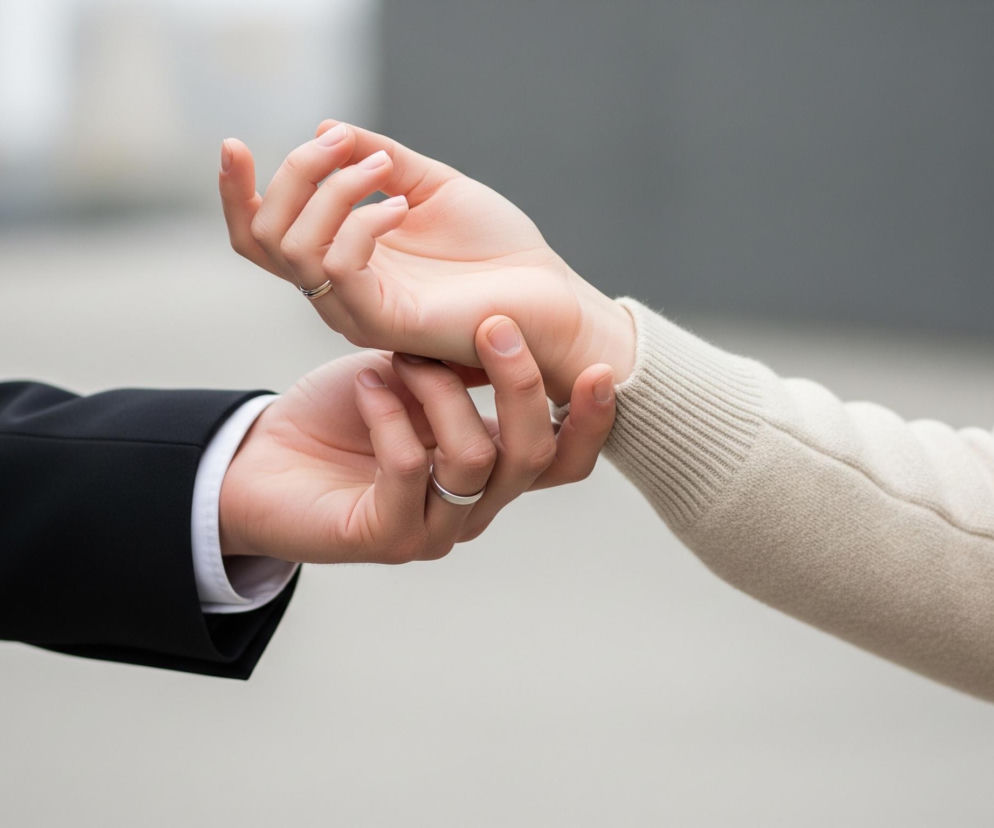 Dwie osoby dotykają się dłońmi na pierwszym planie. Po lewej stronie widać rękę ubraną w czarną marynarkę z białą koszulą, na palcu serdecznym znajduje się srebrny pierścionek. Ręka po prawej stronie, należąca do drugiej osoby, ma na sobie beżowy sweter o grubym splocie, a na jej palcu serdecznym widoczny jest złoty pierścionek. Dłonie są ułożone tak, że prawa dłoń delikatnie obejmuje nadgarstek lewej dłoni. Tło jest rozmyte, z jasnoszarym odcieniem po lewej stronie i ciemnoszarym po prawej.