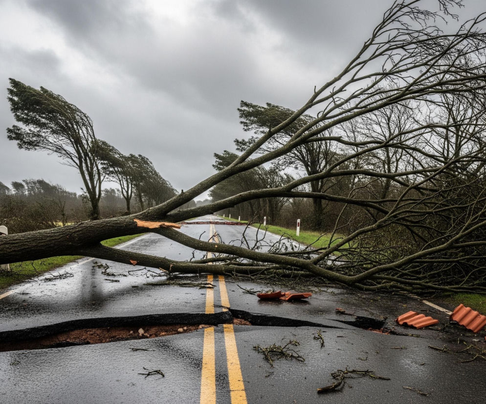 Na pierwszym planie leży potężne, złamane drzewo, rozpościerając swoje gałęzie na całej szerokości dwupasmowej drogi. Pień drzewa, o ciemnej korze, jest złamany tuż przy korzeniach, ukazując jasne, świeże drewno, a jego liczne, pozbawione liści gałęzie sięgają prawego skraju obrazu. Asfaltowa droga jest wyraźnie uszkodzona, z dużą, nieregularną wyrwą w centralnej części, a także popękana i mokra od deszczu, odbijając ponure, zachmurzone niebo. Na drodze, po prawej stronie, leżą porozrzucane pomarańczowe, faliste dachówki i drobne gałązki. W tle, po lewej stronie drogi, widać drzewa pochylone silnie w prawo, jakby pod wpływem silnego wiatru, a dalej rozciąga się pasmo gęstych, ciemnych drzew.