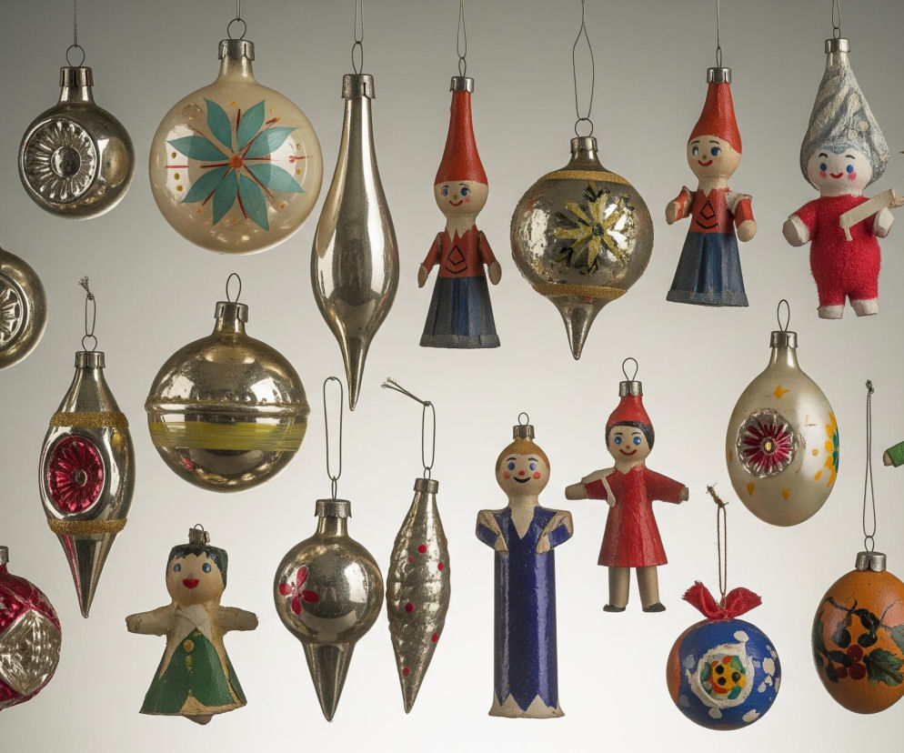 Kolekcja około trzydziestu ręcznie wykonanych ozdób choinkowych zawieszonych na metalowych lub sznurkowych pętelkach. Ozdoby są różnorodne pod względem kształtów, kolorów i materiałów, w tym szklane bombki o różnych wzorach i odcieniach srebra, złota, czerwieni i błękitu, a także figurki ludzików z tektury lub drewna, ubrane w kolorowe stroje. Widoczne są również ozdoby wykonane ze słomy oraz jedna o jajowatym kształcie, pomalowana na pomarańczowo z motywem roślinnym, oraz inna ozdobiona w kolorach czerwieni, bieli i błękitu z kokardką. Tło jest jednolite, w odcieniach jasnej szarości, z delikatnym gradientem, który sprawia, że ozdoby wydają się unosić.