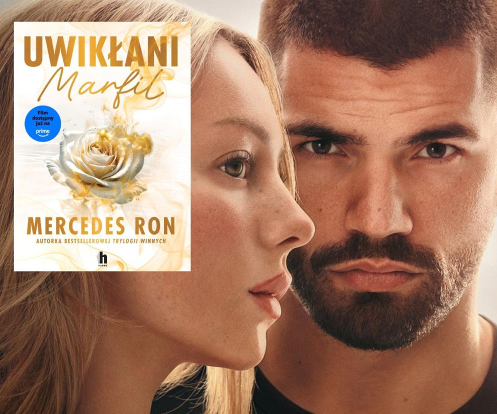 Blondynka i brodaty mężczyzna, a obok okładka książki Uwikłani Marfil. O nowej powieści Mercedes Ron przeczytasz na SE.
