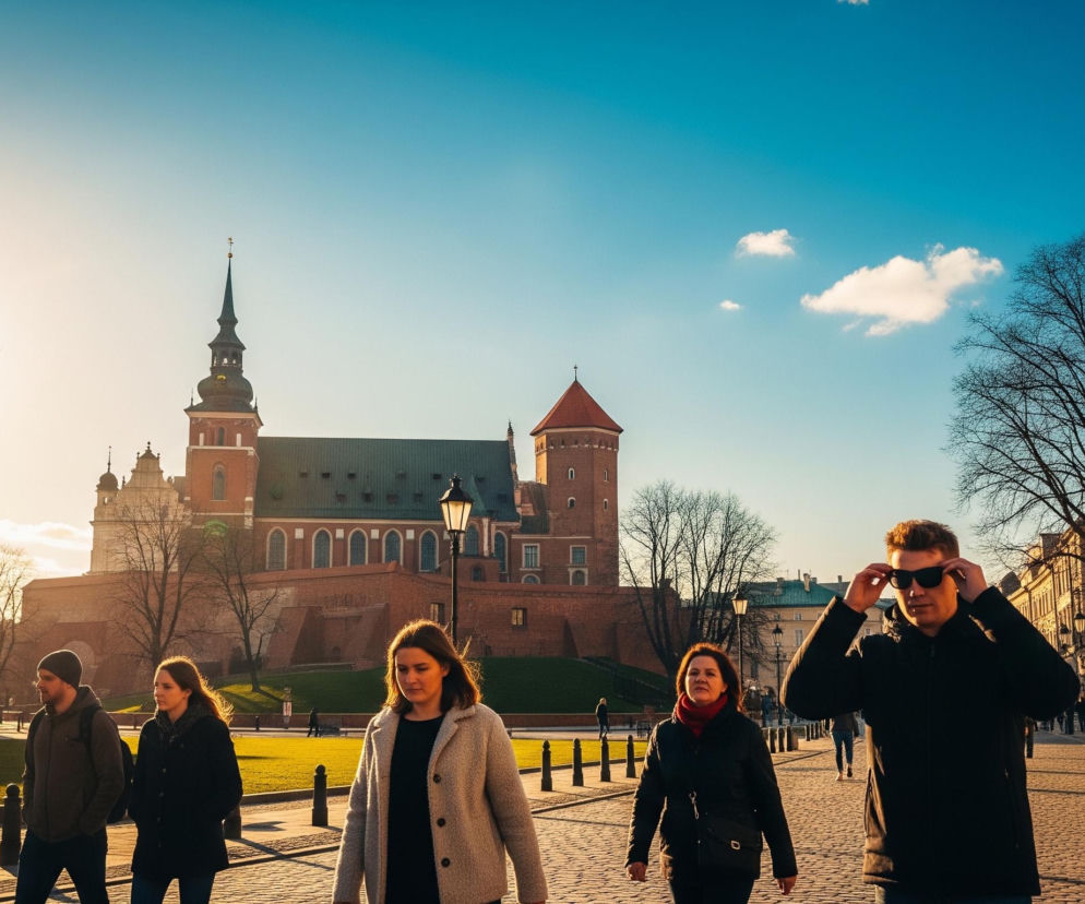 Grupa osób idzie brukowaną ulicą w słoneczny dzień, z budynkami i drzewami po obu stronach. W tle dominuje duży, ceglany budynek z zielonym dachem i wysoką, spiczastą wieżą po lewej stronie. Słońce, znajdujące się po lewej stronie, rzuca długie cienie i oświetla scenę ciepłym, złotym światłem, kontrastującym z jasnoniebieskim niebem z kilkoma chmurami.