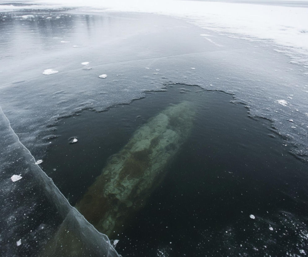 Grubą warstwę lodu pokrywającą wodę, z częściowo widocznym pod nią, podłużnym obiektem. Dolna część kadru to ciemna, niemal czarna woda z białawymi drobinkami na powierzchni, a lewa dolna krawędź to fragment rozległej tafli przezroczystego lodu. W środkowej części kadru znajduje się otwór w lodzie, przez który widać zanurzony obiekt o nieregularnym kształcie i zmiennej, zielonkawo-brązowej barwie. Prawa górna część obrazu przedstawia rozległą, białą powierzchnię pokrytą śniegiem, graniczącą z lodem i wodą.