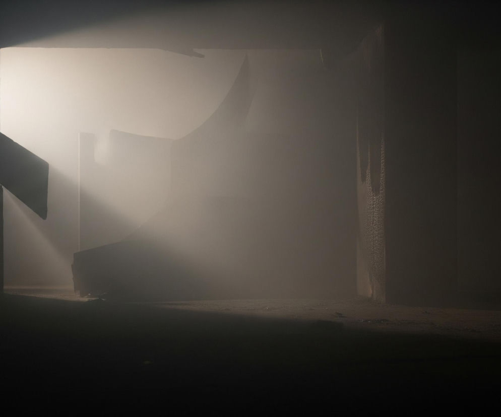 Promień jasnego, białego światła wpada przez otwór w lewym górnym rogu, rozświetlając wnętrze pomieszczenia wypełnionego szarą mgłą lub dymem. Oświetla on fragmentarycznie górne części kilku pionowych i poziomych powierzchni. Na prawo od głównego otworu widać krawędzie innych, mniej wyraźnych kształtów, również oświetlonych od góry, tworząc warstwy cieni i świateł w gęstej atmosferze. Podłoga w dolnej części obrazu jest ciemna, a jej powierzchnia miejscami pokryta jest kurzem lub drobnymi odłamkami, które mienią się w subtelnych blaskach.