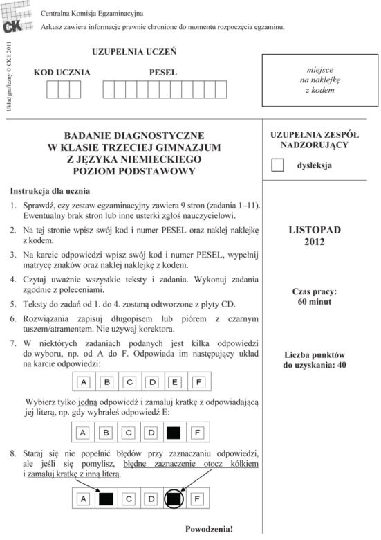 Próbny egzamin gimnazjalny 2013 - język niemiecki poziom podstawowy