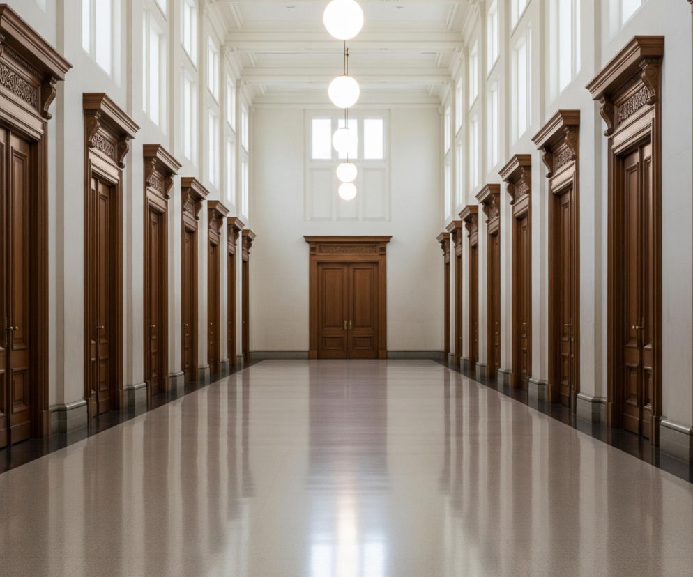 Długi korytarz z wysokimi, brązowymi, drewnianymi drzwiami po obu stronach rozciąga się w głąb obrazu. Nad każdymi drzwiami znajdują się bogato zdobione nadproża z rzeźbionymi detalami. Ściany są jasne, kremowo-białe, a podłoga to błyszcząca powierzchnia o marmurkowej strukturze, odbijająca światło i cienie. Na suficie widać rzędy białych, poziomych okien, a w centrum korytarza zwisają trzy kuliste lampy.