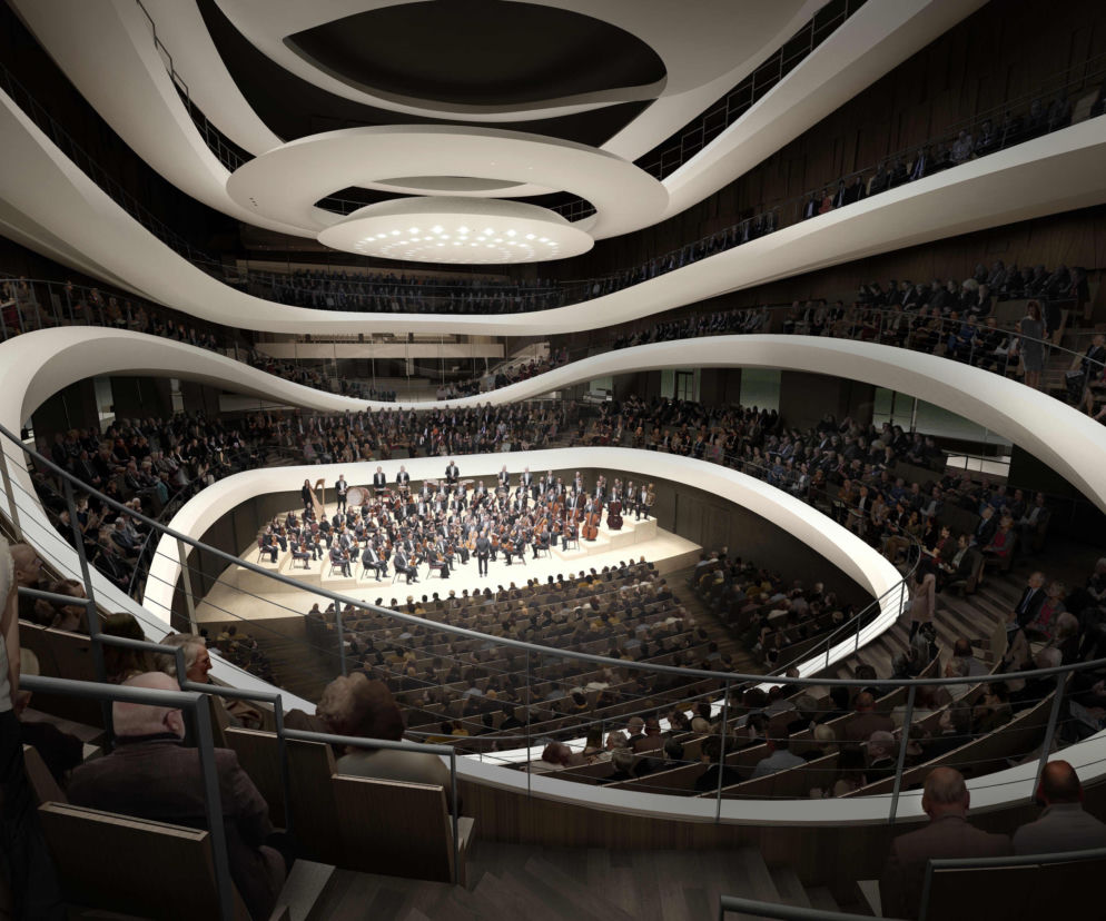 Projekt nowej sali Sinfonii Varsovii z tarasową widownią wokół sceny. O architekturze budynku przeczytasz w serwisie Architektura.