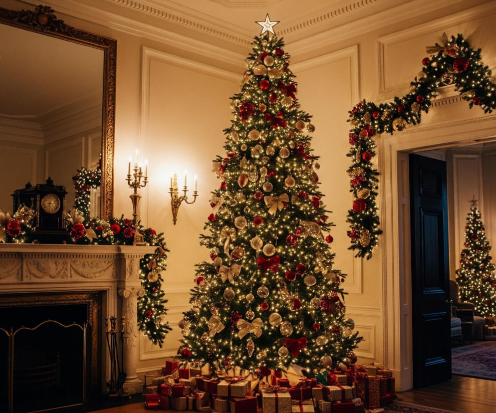 W centrum obrazu znajduje się bogato udekorowana choinka, oświetlona mnóstwem ciepłych światełek, z czerwoną i złotą dekoracją, zwieńczona białą gwiazdą. Pod choinką leży stos zapakowanych prezentów w odcieniach czerwieni i złota. Po lewej stronie widać kominek z białego marmuru, na którym leży ozdobna girlanda z czerwonymi i złotymi bombkami oraz światełkami, a nad nim duże, złocone lustro. Po prawej stronie, w tle, widoczne są otwarte drzwi prowadzące do kolejnego pomieszczenia, gdzie również stoi mniejsza, udekorowana choinka.