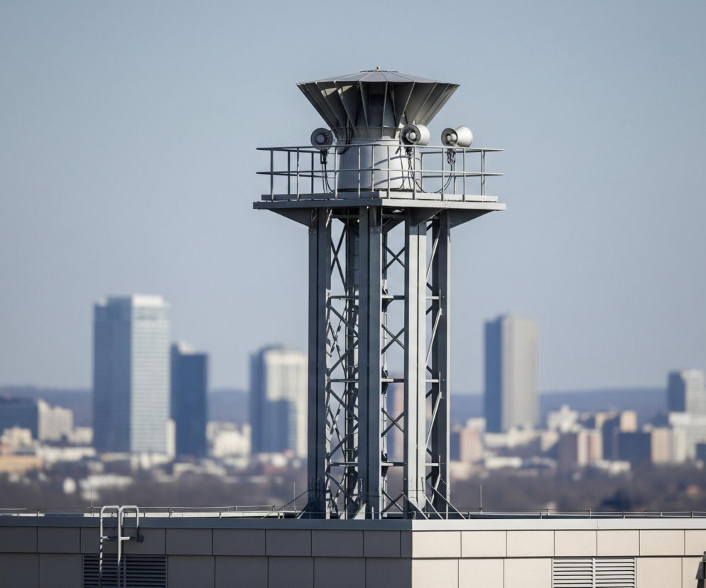 Centralnym punktem obrazu jest metalowa wieża koloru szarego, wznosząca się ponad płaskim dachem budynku. Górna część wieży jest zwieńczona okrągłym, zwężającym się ku górze elementem, przypominającym kopułę z widocznymi szczelinami. Poniżej kopuły znajduje się platforma otoczona metalową barierką, na której zamontowano szereg megafonów lub syren, skierowanych w różne strony.

W tle, za wieżą, rozciąga się panorama miasta z licznymi wysokimi budynkami, z których niektóre to wieżowce o wyraźnych, prostokątnych kształtach. Budynki te są rozmyte, co sugeruje dużą odległość i efekt perspektywy. Niebo jest jasne, błękitne, bezchmurne.