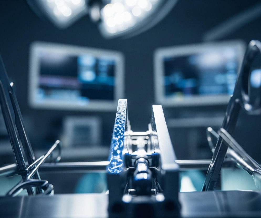 Na pierwszym planie, centralnie, widoczne są precyzyjne instrumenty chirurgiczne o metalicznym, srebrzysto-niebieskim połysku, ułożone na tacy. Centralny instrument ma podświetlone na niebiesko, drobno ząbkowane powierzchnie. Po obu jego stronach znajdują się metalowe narzędzia przypominające nożyczki lub kleszcze, z wyraźnymi pierścieniowymi uchwytami. Tło jest rozmyte, dominują odcienie niebieskiego i szarości; w górnej części widać jasne, okrągłe źródła światła, a niżej dwa prostokątne ekrany wyświetlające niewyraźne, jasnoniebieskie dane.