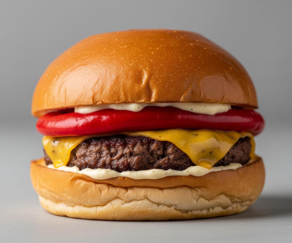 Burger z bułką typu brioche, leżący na jasnoszarym, płaskim podłożu i tle. Górna część bułki, lśniąca i złocistobrązowa, spoczywa na warstwie białego sosu z czarnymi drobinkami. Poniżej widać czerwoną, okrągłą, błyszczącą warstwę, a następnie kolejną warstwę białego sosu. Pod nią znajduje się stopiony żółty ser, częściowo spływający po brązowym, pofalowanym kotlecie mięsnym. Dolna bułka jest również błyszcząca i złocistobrązowa.