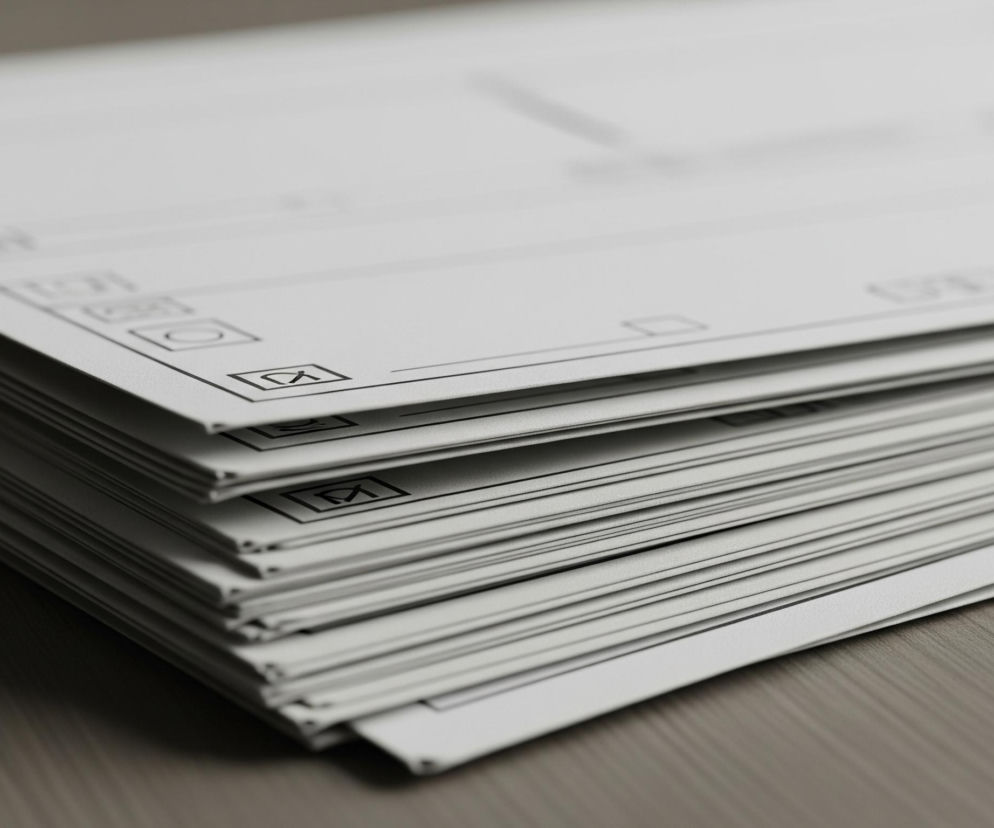 Stos białych dokumentów, być może kart do głosowania lub formularzy, jest ułożony ukośnie na ciemnej, drewnianej powierzchni. Na wierzchu i wzdłuż boku widać szereg prostokątnych pól wyboru z literą 'M' wpisaną w niektóre z nich, choć większość jest pusta. Górna część dokumentów jest nieostra, co sugeruje płytką głębię ostrości. Całość oświetlona jest równomiernym, rozproszonym światłem.