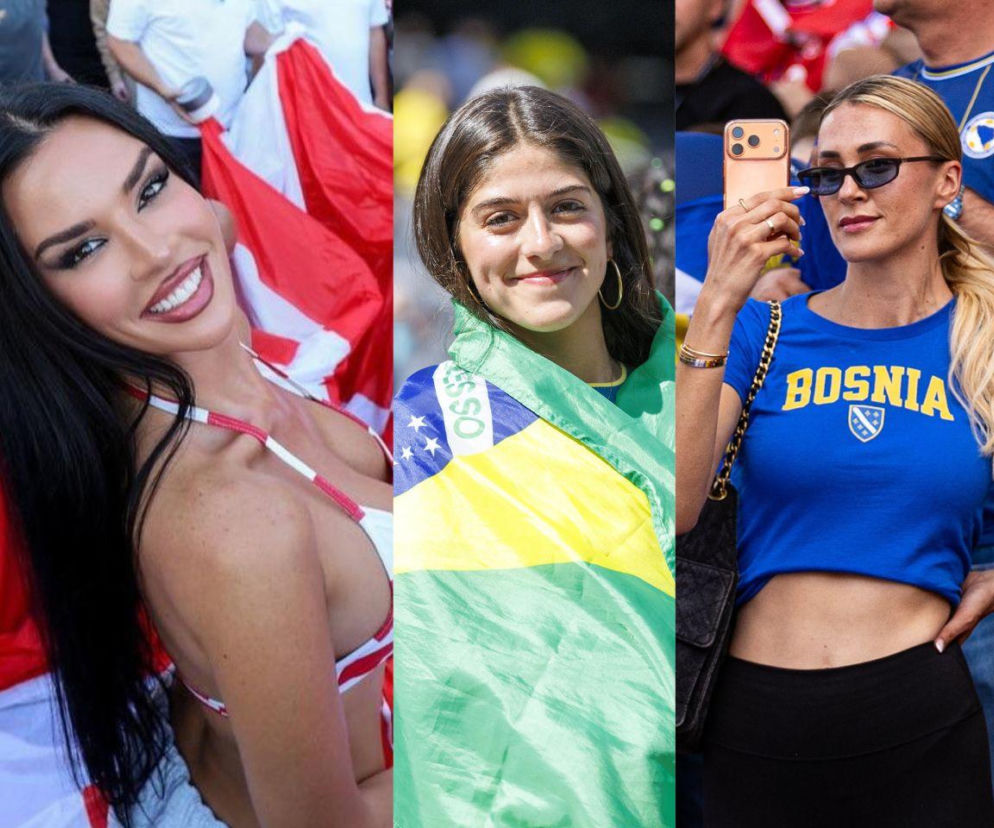 Trzy piękne kibicki: Ivana Knoll w stroju w barwach Chorwacji, uśmiechnięta Brazylijka owinięta flagą oraz blondynka w koszulce Bosnia robiąca zdjęcie telefonem. Więcej o kibickach MŚ 2026 przeczytasz na naszym portalu.