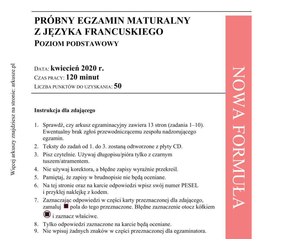 Matura 2020: Język francuski próbny Arkusze CKE