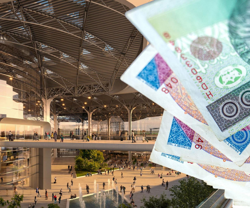 Wizualizacja wnętrza terminala CPK z pasażerami. Obok miniatura polskich banknotów. O przetargu przeczytasz na SE Superbiz.