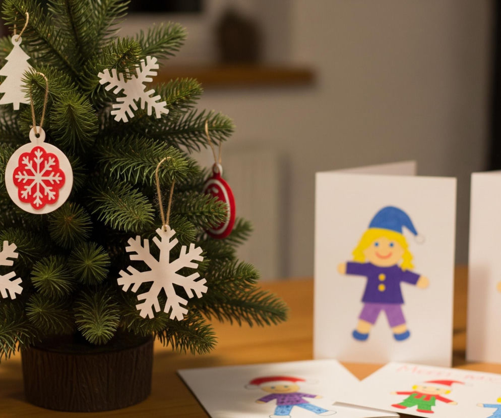 Na drewnianym stole stoi mała, sztuczna choinka w ciemnej doniczce, ozdobiona białymi i czerwonymi dekoracjami. Na choince wiszą trzy białe płatki śniegu, jedna biała choinka oraz jedna okrągła ozdoba z czerwonym płatkiem śniegu na białym tle, a także fragment innej czerwonej ozdoby. Obok choinki, po prawej stronie, leżą i stoją kartki świąteczne z rysunkami dzieci w zimowych strojach. Dwie stojące kartki przedstawiają postacie: jedną w niebieskiej czapce, fioletowym swetrze i spodniach, drugą w czerwonej czapce, zielonym swetrze i niebieskich spodniach. Na pierwszym planie leżą dwie kolejne kartki z podobnymi rysunkami. Tło jest rozmyte, ukazując fragmenty wnętrza.