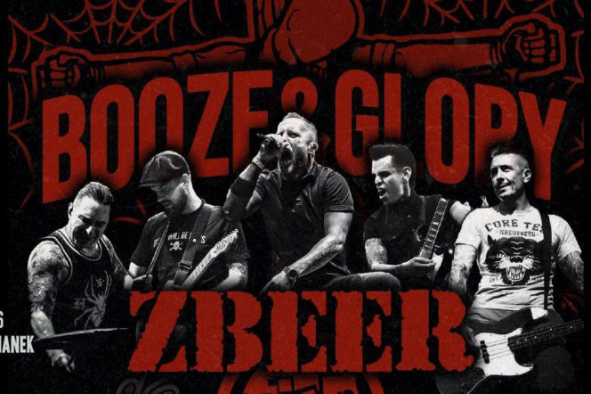 Czarno-czerwony plakat przedstawiający pięciu członków zespołu Booze & Glory z wokalistą w centrum, aktywnie śpiewającym do mikrofonu. Pod nimi duży napis „ZBEER”. Plakat promuje koncert w klubie Zaścianek w Krakowie, a więcej o nim przeczytasz na naszym portalu.