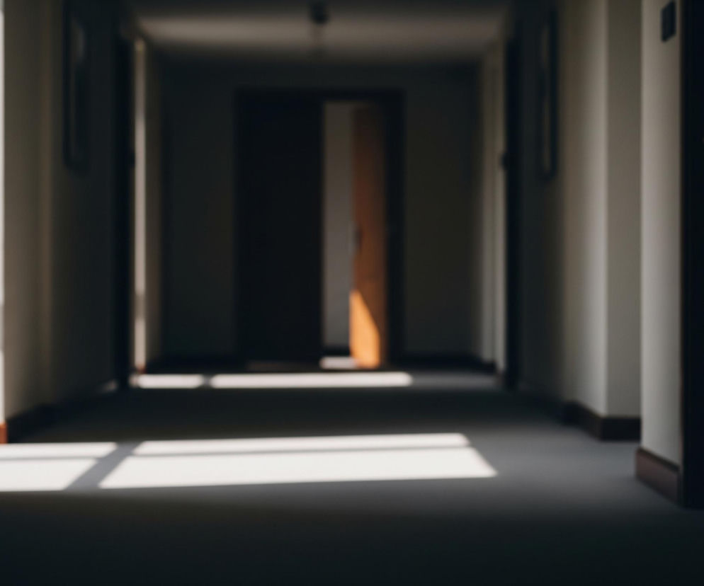 Wąski korytarz rozciąga się w głąb obrazu, zbiegając się w ciemnym punkcie centralnym. Na lewej ścianie, od góry do dołu, widoczny jest pionowy pas jasnego światła słonecznego, rzucający kwadratowe plamy światła na ciemną podłogę pokrytą wykładziną. W oddali, na końcu korytarza, znajduje się częściowo oświetlone, drewniane drzwi, a po bokach widać cienie ścian z ciemnymi listwami przypodłogowymi.