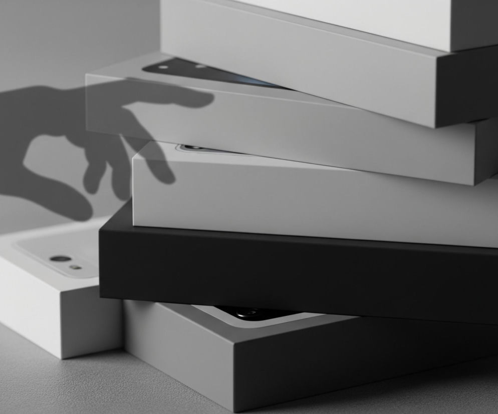 Stos pięciu prostokątnych pudełek stoi na szarej powierzchni, w lewej części obrazu widoczny jest cień ludzkiej dłoni sięgającej po jedno z nich. Pudełka są głównie w odcieniach bieli i szarości, z jednym czarnym pudełkiem umieszczonym pośrodku stosu. Niektóre z pudełek mają częściowo widoczne wzory lub grafiki sugerujące ich zawartość, prawdopodobnie przedstawiające smartfony. Tło jest jednolite, w neutralnym, szarym kolorze, a oświetlenie tworzy wyraźne cienie.