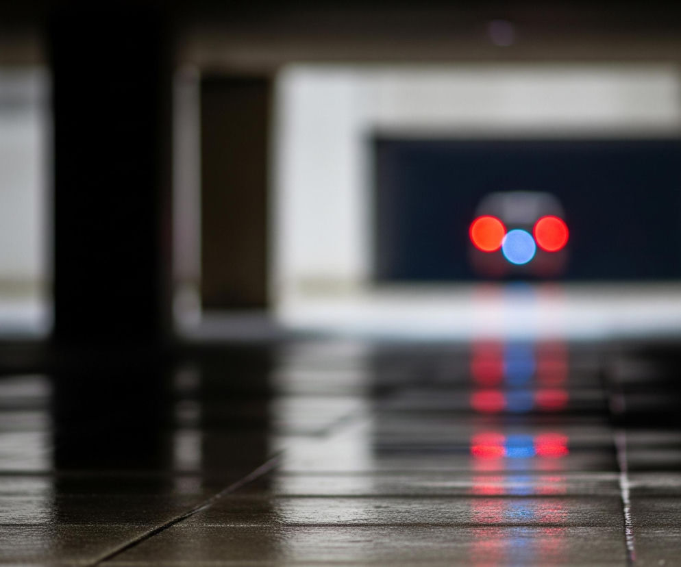 Zabrudzona, ciemna posadzka pokryta jest kwadratowymi płytkami i odbija rozmazane światła. W tle, w oddali, widać trzy okrągłe, rozmyte światła: dwa czerwone i jedno niebieskie. Światła te tworzą trzy wyraźne smugi odbite na mokrej posadzce. Po bokach widoczne są ciemne, niewyraźne kolumny, a dalej jasne, rozmyte ściany korytarza.