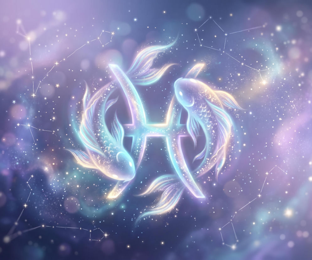 Dwie lśniące ryby otaczające symbol zodiaku na tle gwieździstego nieba. O horoskopie dla Ryb przeczytasz w Eska.
