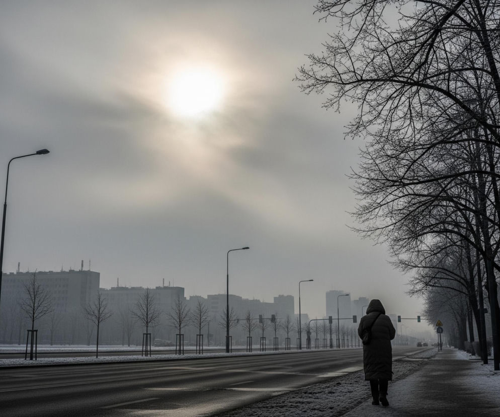 Pojedyncza postać, ubrana w ciemną, długą kurtkę z kapturem i torbą przewieszoną przez ramię, idzie chodnikiem pokrytym cienką warstwą śniegu. Po prawej stronie chodnika rosną wysokie, bezlistne drzewa z ciemnymi gałęziami, a po lewej rozciąga się szeroka, asfaltowa ulica, również pokryta śladami śniegu, z widocznymi słupami latarni. W tle, na horyzoncie, rysują się kontury miejskich budynków i drzew, zatopionych w gęstej, szarej mgle, przez którą przebija się jaskrawe, rozproszone światło słońca, tworzące promieniste smugi na zachmurzonym niebie.